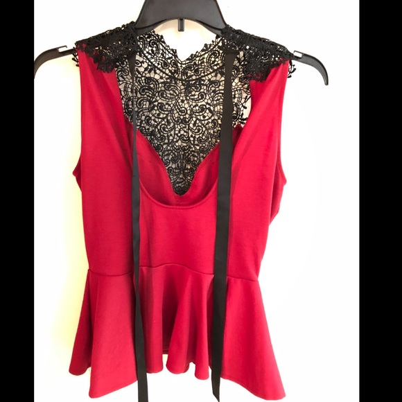 Red Peplum Top Black Lace Deep V - Picture 2 of 2